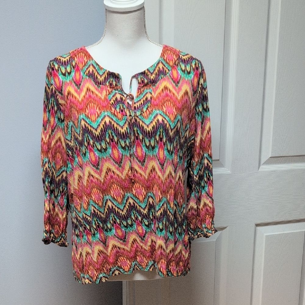 Jones New York Sport Multicolor Boho Decorative Tie Blouse Size XL